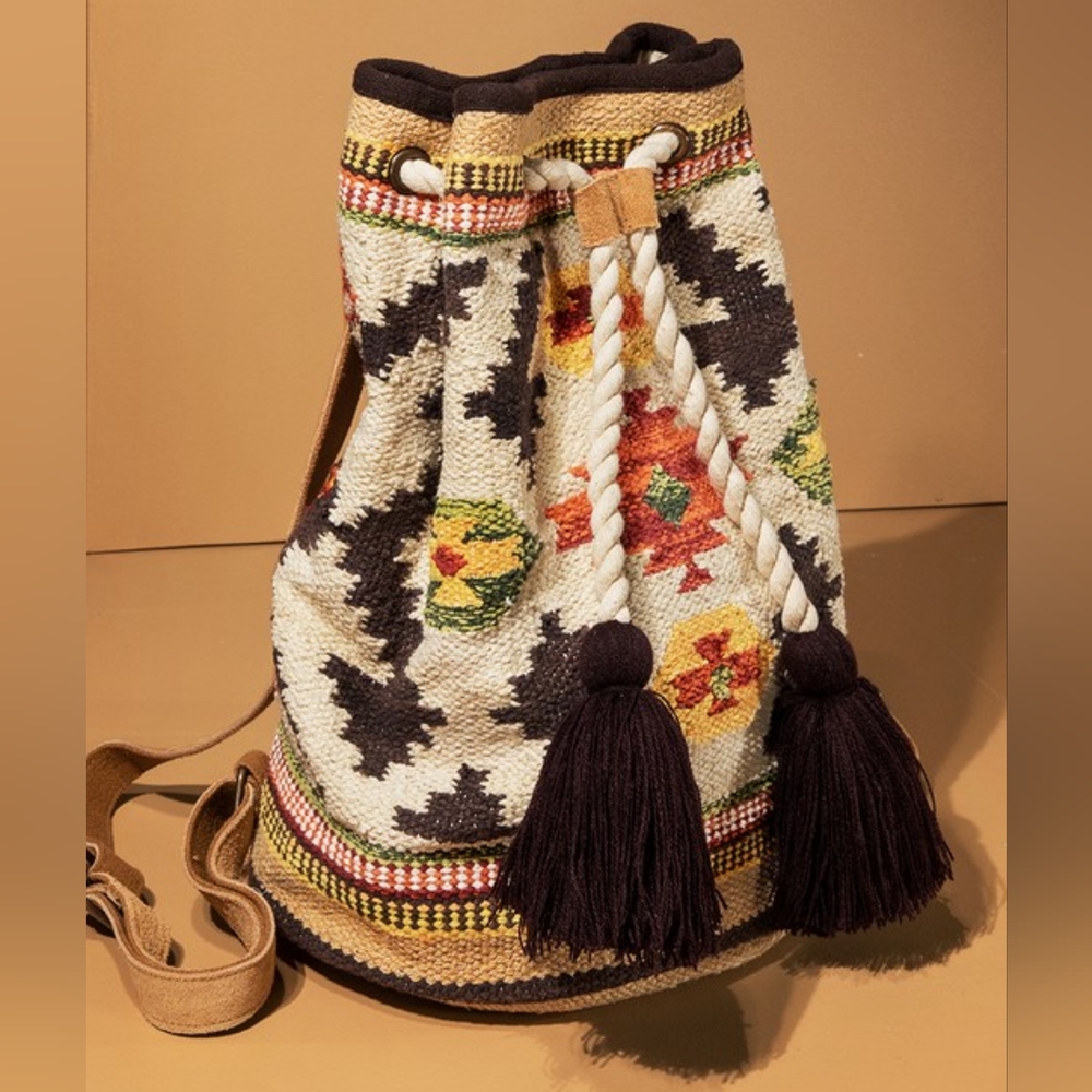 Bucket Style Backpack - Boho Ethnic Inspired Navajo Pattern - Handwoven Cotton - Picture 6 of 10